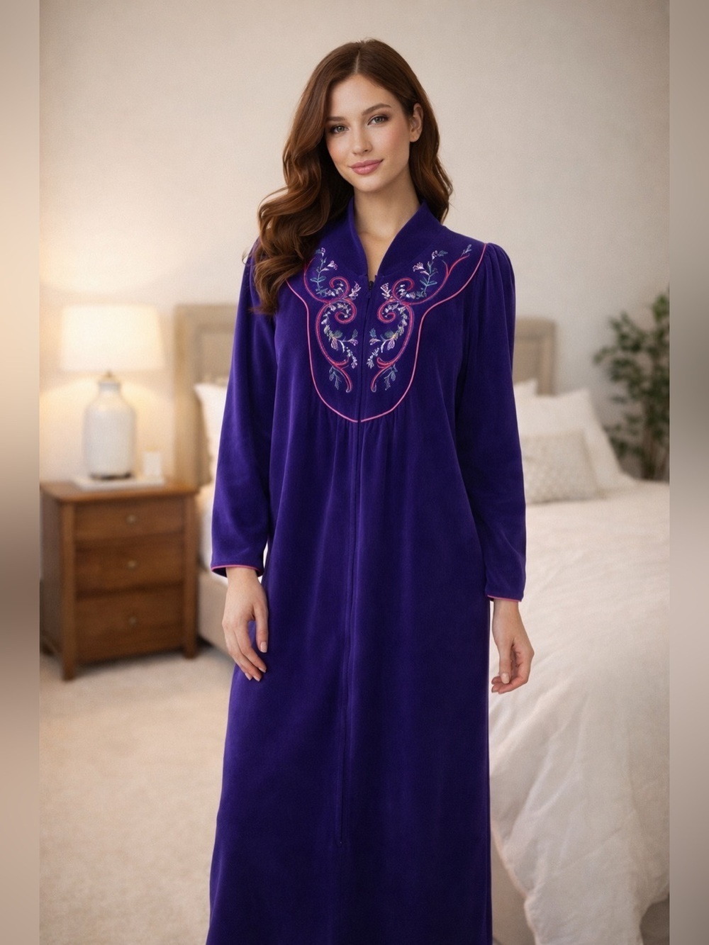 Vintage 70s Vanity Fair Bath Dressing Robe Housecoat Sz L 3/4 Zip Velour Purple